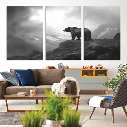 49504-MGV-CV-36X24-Black and White Grizzly Bear Wall Art – Wilderness Wildlife Painting, Rustic Mountain Cabin Decor, Monochrome Animal Print for