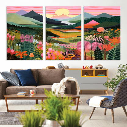 99638-MGV-CV-36X24-Sunset Meadow Wall Art – Panoramic Mountain Landscape with Wildflowers Canvas Print, Vibrant Nature Decor for Living Room, Bedroom