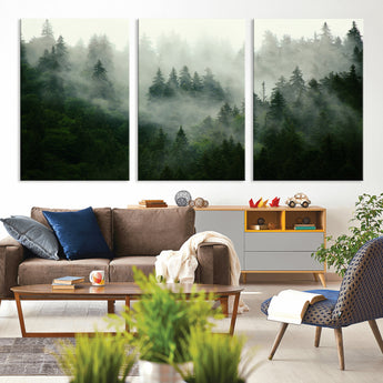 167720496-MGV-CV-36X24-Misty Forest Wall Art – Serene Evergreen Trees Canvas Print, Foggy Mountain Nature Landscape Decor for Bedroom, Living Room or