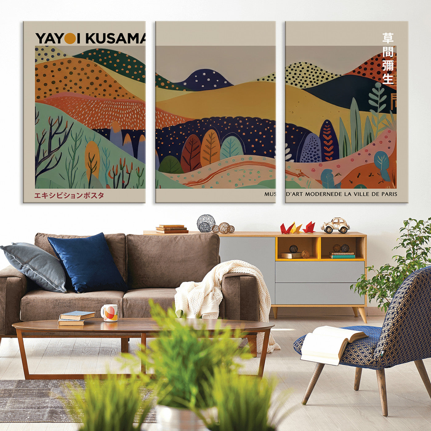 11242-MGV-CV-36X24-Kusama Wall Art – Abstract Colorful Hills Canvas Print, Modern Japanese Inspired Landscape Poster for Living Room, Office or