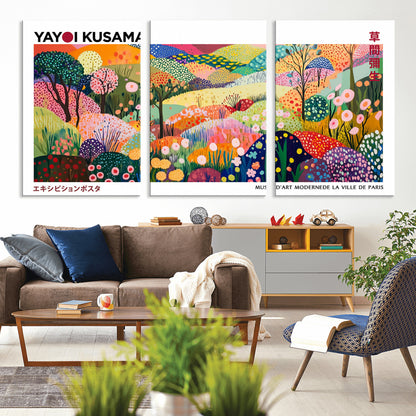 75201-MGV-CV-36X24-Yayoi Kusama Floral Wall Art – Vibrant Abstract Landscape Canvas Print, Modern Pop Art Poster for Living Room, Bedroom, or Gallery