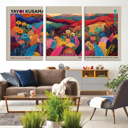 70959-MGV-CV-36X24-Yayoi Kusama Inspired Wall Art – Bold Floral Landscape Canvas Print, Vibrant Modern Abstract Poster for Living Room, Bedroom, or
