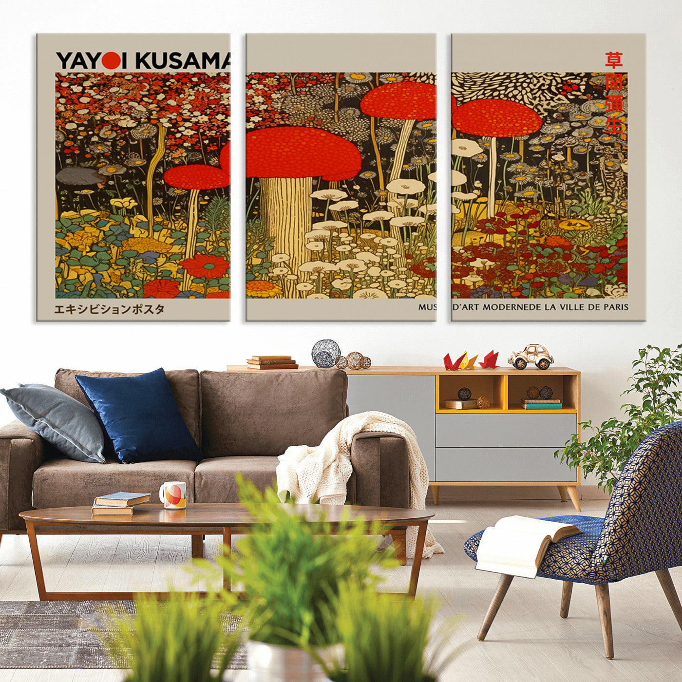 38013-MGV-CV-36X24-Yayoi Kusama Inspired Mushroom Garden Wall Art – Whimsical Botanical Canvas Print, Surreal Nature Poster, Fantasy Floral Artwork