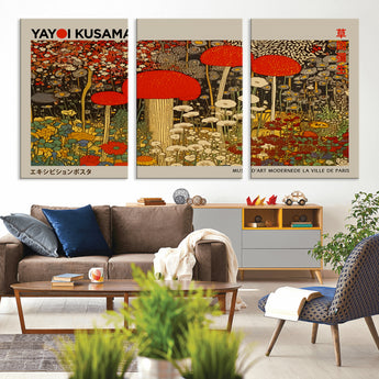 38013-MGV-CV-36X24-Yayoi Kusama Inspired Mushroom Garden Wall Art – Whimsical Botanical Canvas Print, Surreal Nature Poster, Fantasy Floral Artwork