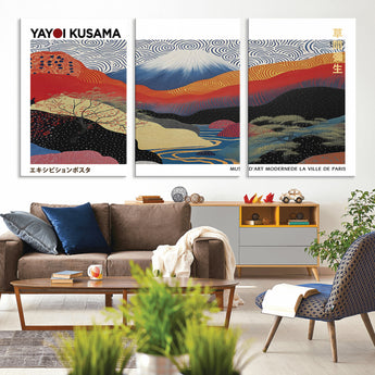 14839-MGV-CV-36X24-Yayoi Kusama Wall Art – Panoramic Mountain & River Canvas Print, Modern Abstract Japanese Landscape Decor for Living Room or