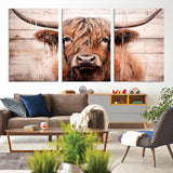 93730-MGV-CV-60X30-3P-Scottish Cow Wall Art Canvas Print, Framed Longhorn Cow Art Picture Print, Highland Cattle Perfect Rustic Farmhouse Decor Artwork
