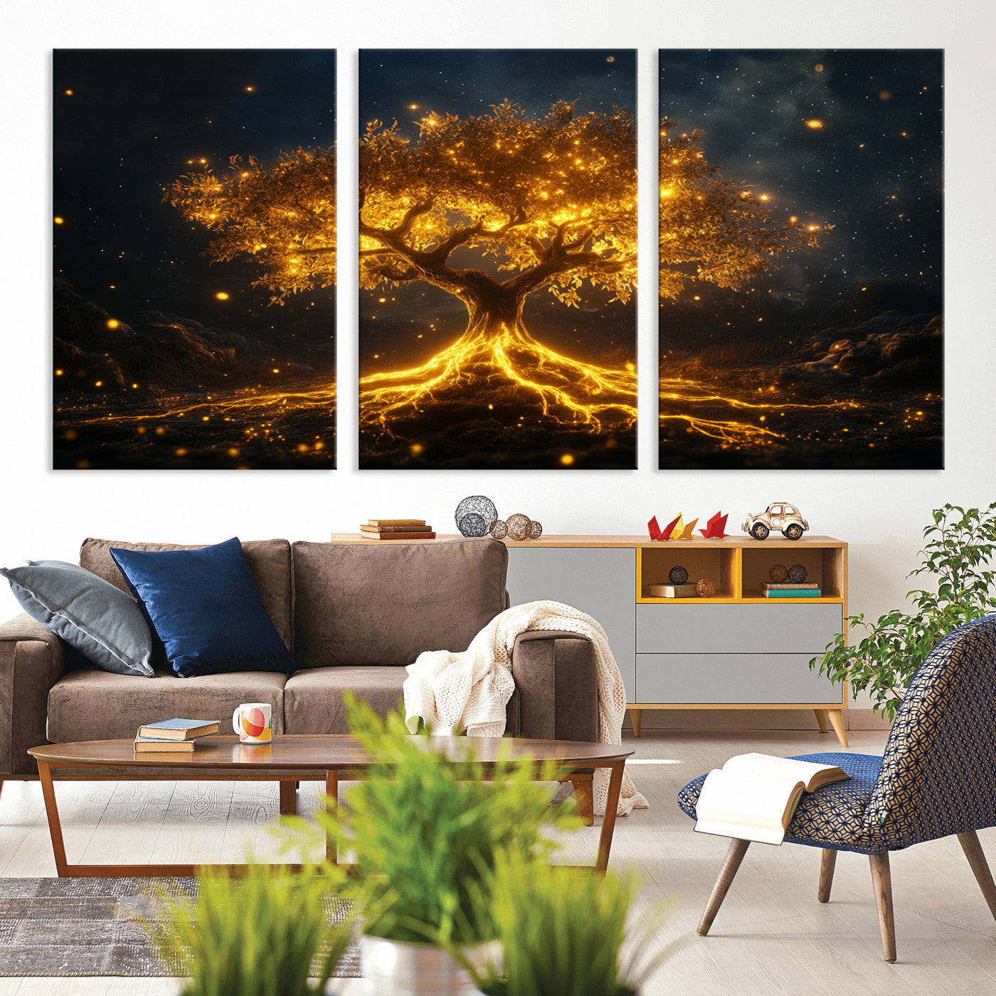 60194-MGV-CV-36X24-Glowing Tree Wall Art – Golden Roots Fantasy Canvas Print, Mystical Illuminated Tree Painting Poster for Living Room, Bedroom,