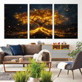 60194-MGV-CV-36X24-Glowing Tree Wall Art – Golden Roots Fantasy Canvas Print, Mystical Illuminated Tree Painting Poster for Living Room, Bedroom,