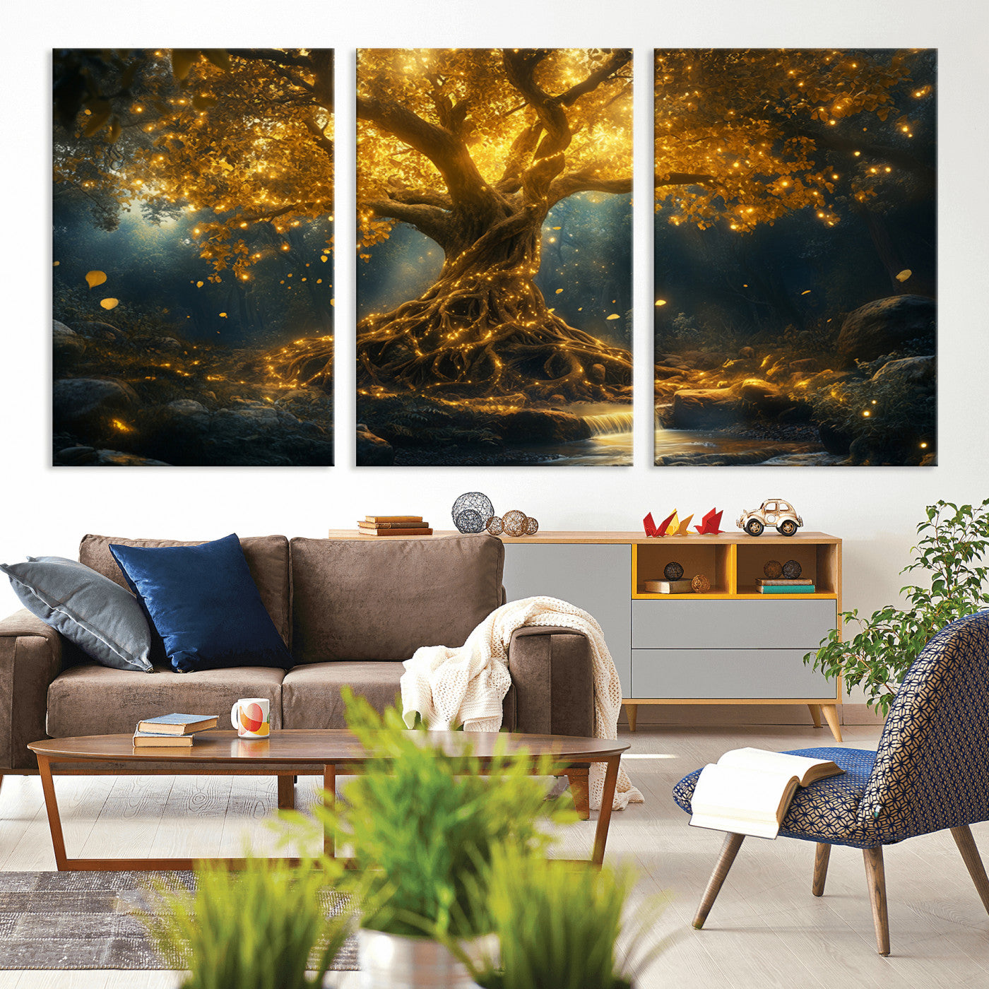 92739-MGV-CV-36X24-Glowing Tree Wall Art – Enchanted Golden Forest Canvas Print, Mystical Illuminated Nature Painting Poster for Living Room,