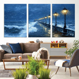 32668-MGV-CV-36X24-Stormy Pier Wall Art – Ocean Waves and Street Lamps Canvas Print, Rainy Night Seascape Oil Painting Poster for Living Room,