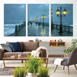 79606-MGV-CV-36X24-Rainy Pier Night Wall Art – Ocean Waves and Street Lamps Canvas Print, Moody Seascape Oil Painting Poster for Living Room,