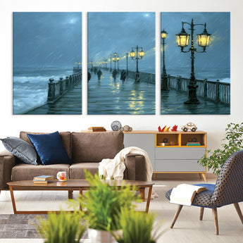 79606-MGV-CV-36X24-Rainy Pier Night Wall Art – Ocean Waves and Street Lamps Canvas Print, Moody Seascape Oil Painting Poster for Living Room,