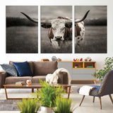 69238-MGV-CV-36X24-Longhorn Bull Wall Art – Rustic Black and White Texas Cattle Canvas Print, Western Farmhouse Animal Photography for Living Room,