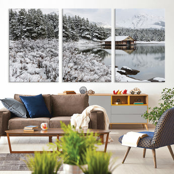 94285-MGV-CV-36X24-Snowy Cabin Wall Art Canvas Print, Framed Winter Cabin Art Picture Print, Mountain Lake Perfect Snowy Nature Decor Artwork
