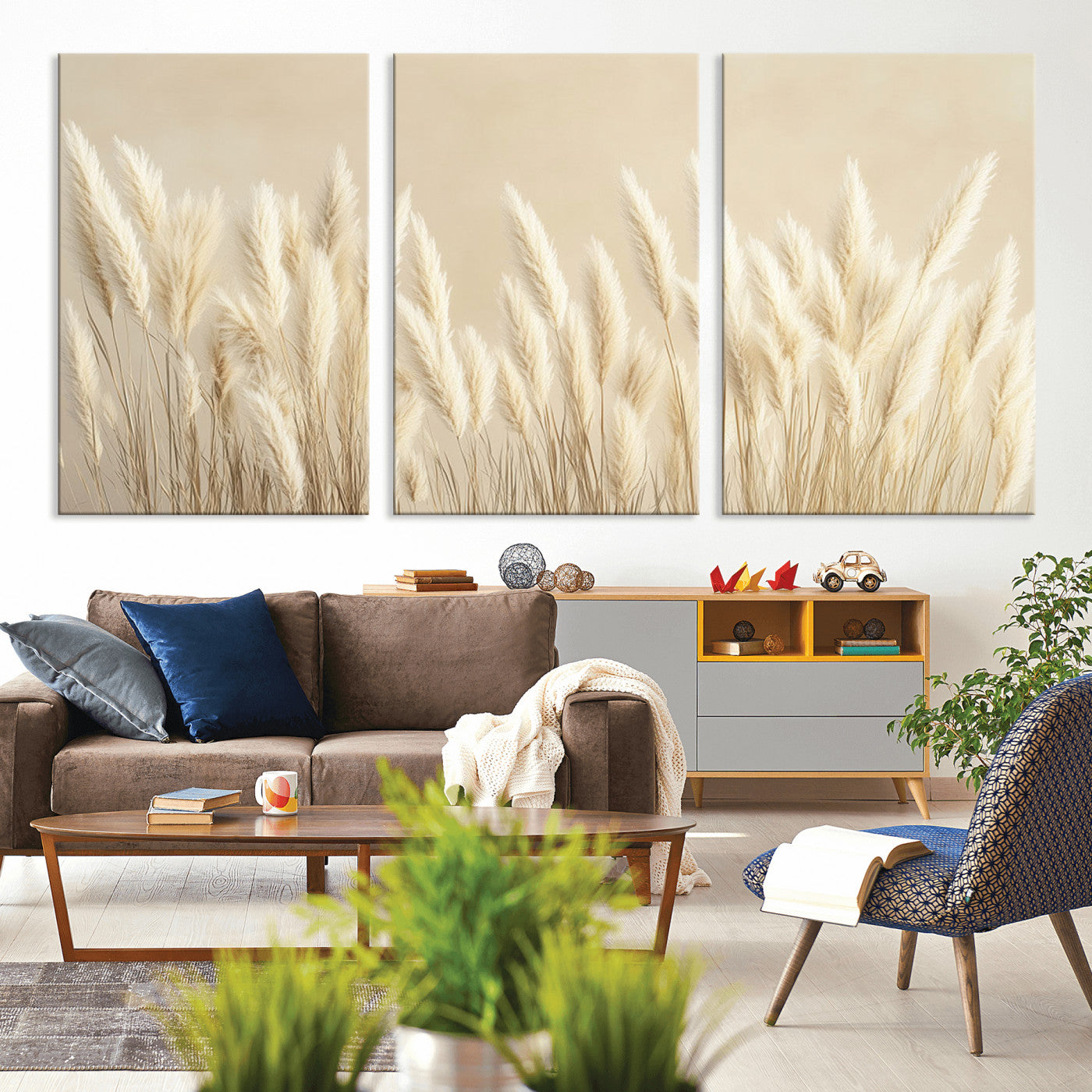 81444-MGV-CV-36X24-Pampas Grass Wall Art Canvas Print, Framed Beige Pampas Grass Art Picture Print, Minimalist Beige Perfect Minimalist Nature Decor