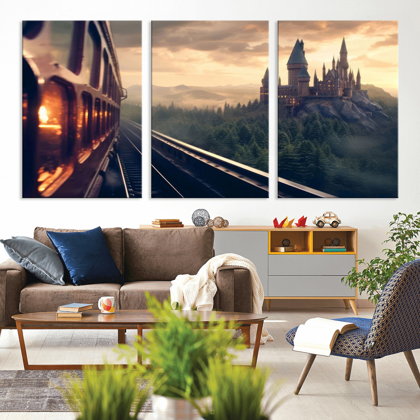 84029-MGV-CV-36X24-Fantasy Castle Wall Art – Magical Train Sunset Forest Canvas Print, Enchanted Landscape Painting Poster for Living Room, Bedroom,