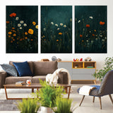 87037-MGV-CV-36X24-Wildflower Wall Art – Dark Botanical Floral Canvas Print, Modern Nature Painting Poster with Daisies Poppies Orange Flowers for