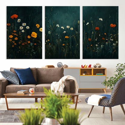87037-MGV-CV-36X24-Wildflower Wall Art – Dark Botanical Floral Canvas Print, Modern Nature Painting Poster with Daisies Poppies Orange Flowers for