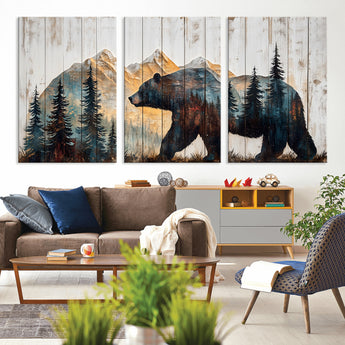 90077-MGV-CV-36X24-Wood Grizzly Bear Wall Art Canvas Print, Framed Abstract Bear Art Picture Print, Bear in Forest Perfect Rustic Lodge Decor Artwork