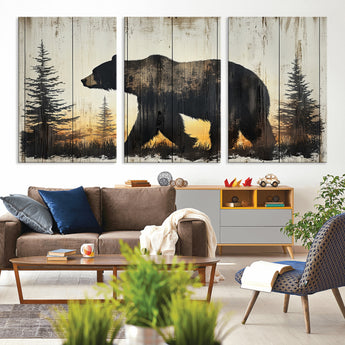 83875-MGV-CV-36X24-Sunset Bear Wall Art – Rustic Wildlife Canvas Print with Forest Silhouette, Cabin Lodge Decor for Living Room or Office