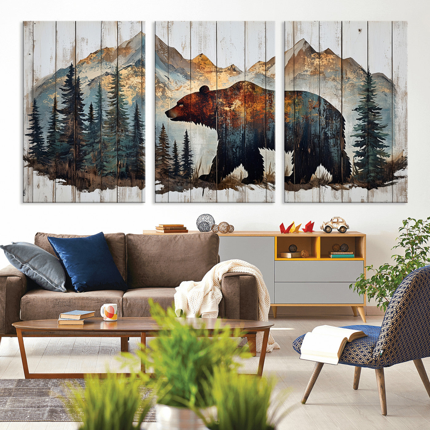 55777-MGV-CV-36X24-Rustic Bear Wall Art Canvas Print, Framed Mountain and Forest Art Picture Print, Wooden Bear Perfect Rustic Lodge Decor Artwork