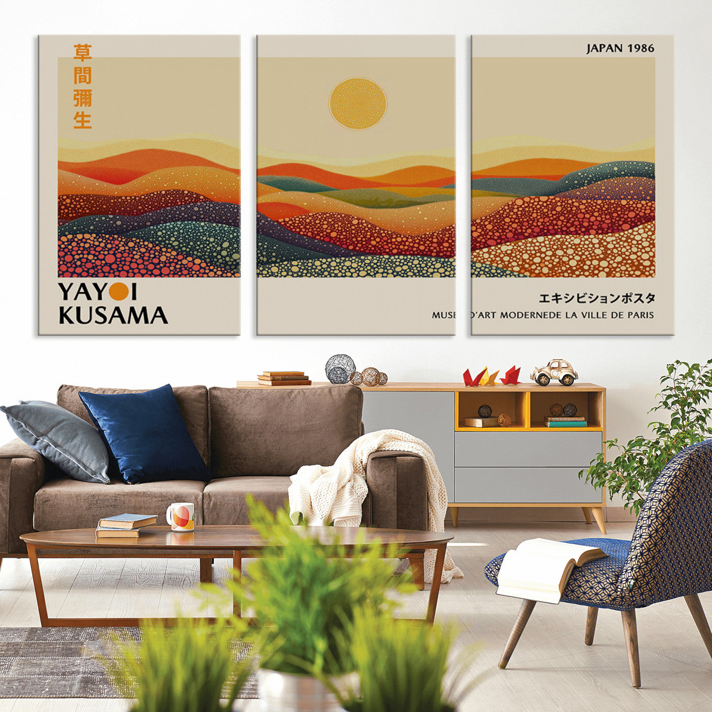 88180-MGV-CV-36X24-Yayoi Kusama Landscape Wall Art – Abstract Dotted Mountain Canvas Print, Retro Sun Poster for Modern Living Room, Office or