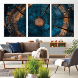 65231-MGV-CV-36X24-Blue and Gold Tree Ring Wall Art – Rustic Abstract Wood Slice Canvas Print, Modern Nature Inspired Artwork for Living Room,