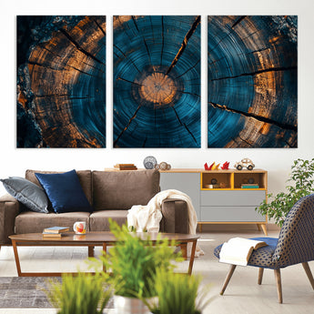 65231-MGV-CV-36X24-Blue and Gold Tree Ring Wall Art – Rustic Abstract Wood Slice Canvas Print, Modern Nature Inspired Artwork for Living Room,