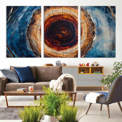 30457-MGV-CV-36X24-Tree Ring Abstract Wall Art – Blue and Brown Wood Grain Canvas Print, Modern Nature Inspired Painting for Rustic Living Room,