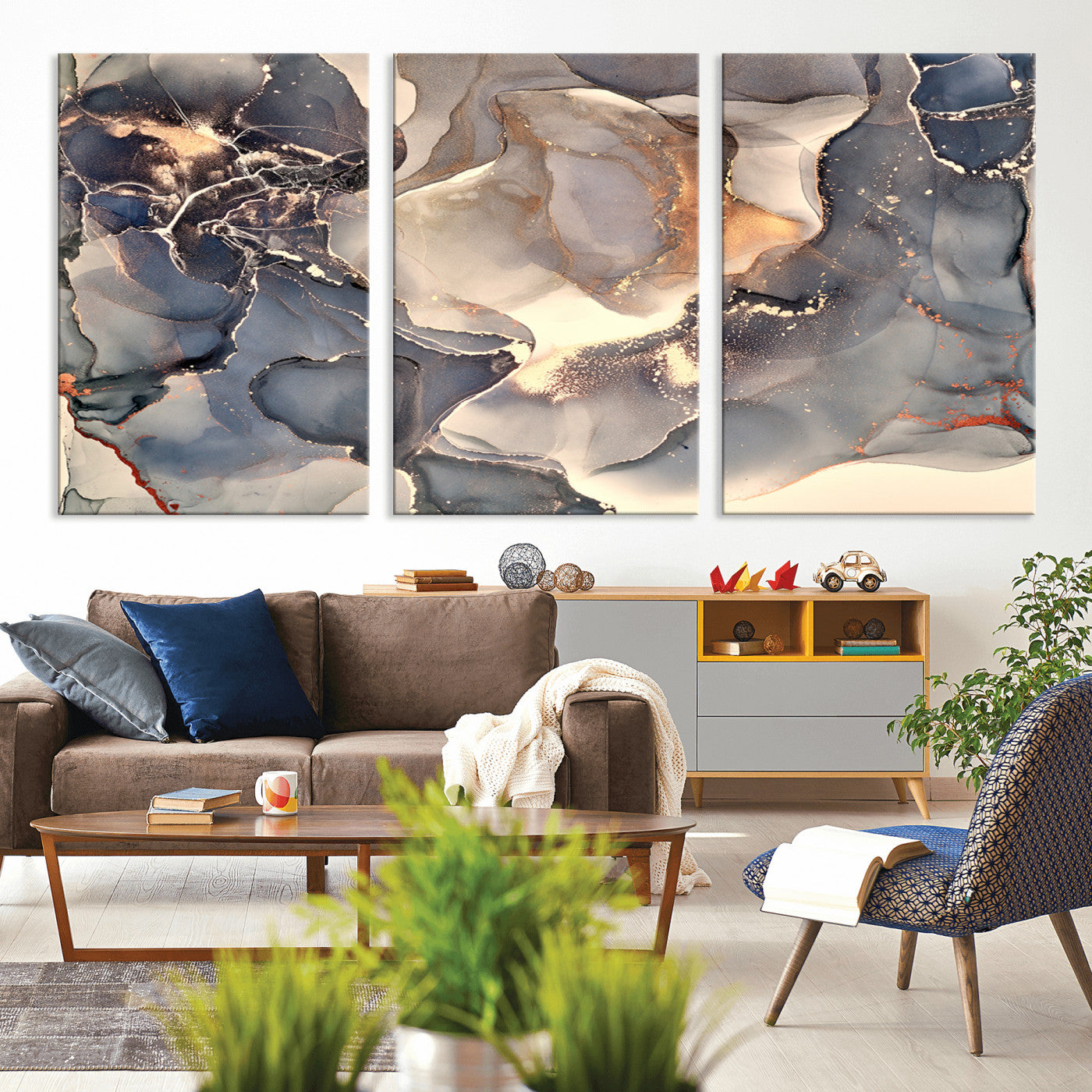 18202-MGV-CV-36X24-Abstract Neutral Wall Art – Blue, Beige and Gold Fluid Ink Canvas Print, Modern Minimalist Painting for Living Room, Office