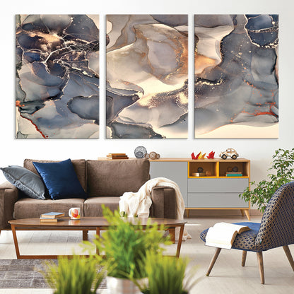 18202-MGV-CV-36X24-Abstract Neutral Wall Art – Blue, Beige and Gold Fluid Ink Canvas Print, Modern Minimalist Painting for Living Room, Office