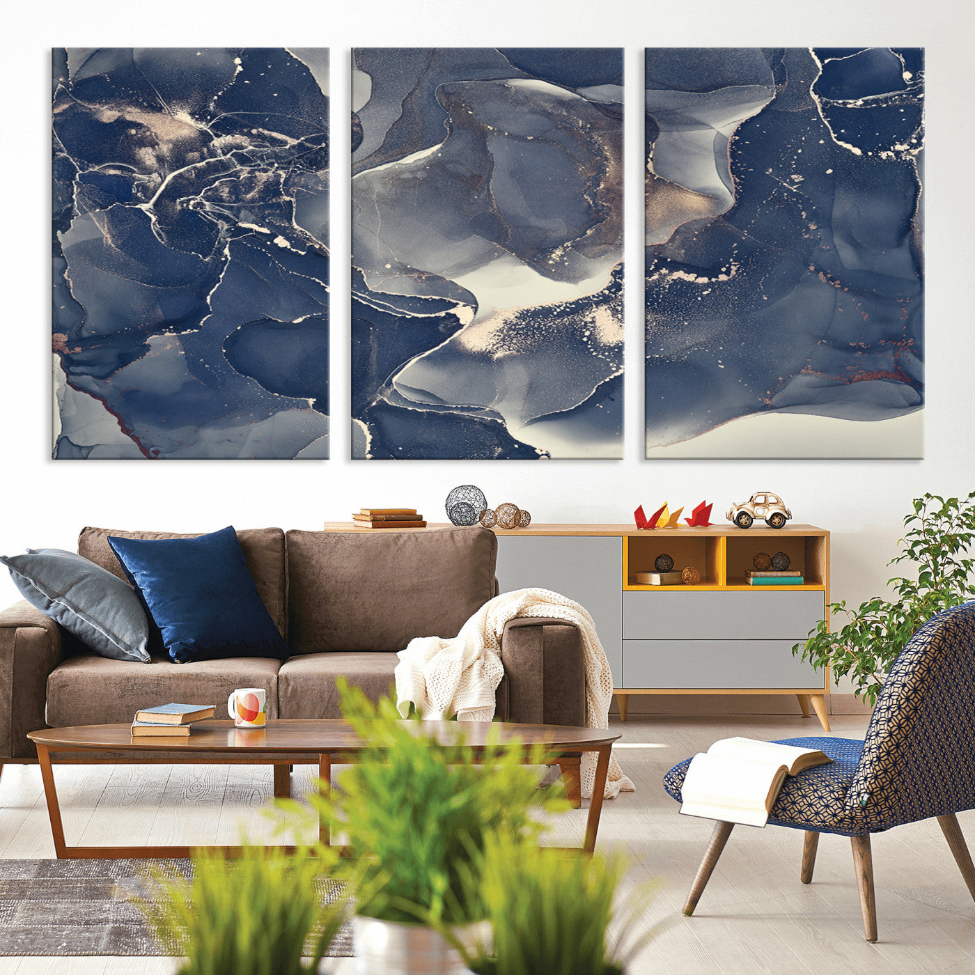 28282-MGV-CV-60X30-3P-Blue Abstract Wall Art – Modern Ink Swirl Canvas Print, Contemporary Navy and Gold Painting for Living Room, Bedroom, Office or