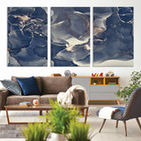 28282-MGV-CV-60X30-3P-Blue Abstract Wall Art – Modern Ink Swirl Canvas Print, Contemporary Navy and Gold Painting for Living Room, Bedroom, Office or