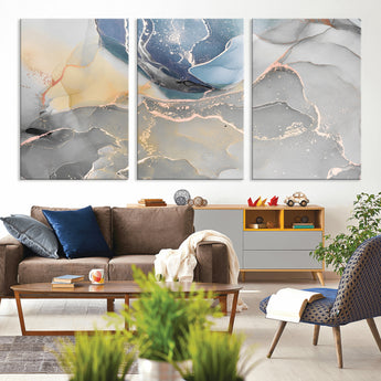 18176-MGV-CV-36X24-Abstract Fluid Wall Art – Modern Marble Ink Canvas Print with Blue, Gold, and Gray Tones, Contemporary Minimal Artwork Decor for