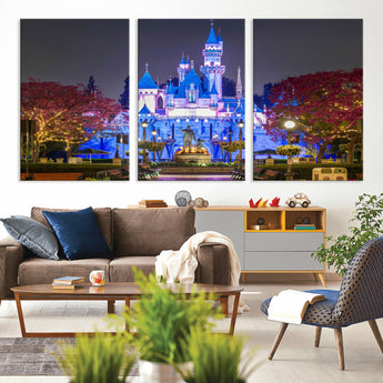66710-MGV-CV-60X30-3P-Enchanted Castle Wall Art – Magical Night Scene Canvas Print with Glowing Lights, Fantasy Architecture Artwork for Living Room,