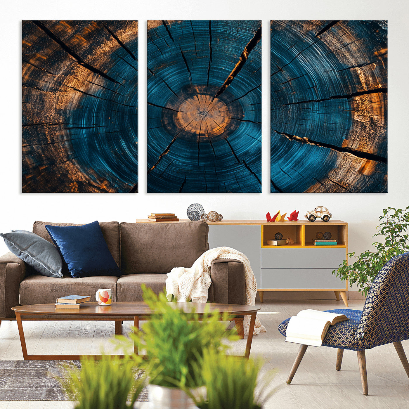13398-MGV-CV-36X24-Tree Ring Wall Art – Abstract Wood Grain Canvas Print with Blue and Orange Accents, Rustic Nature Inspired Artwork for Living
