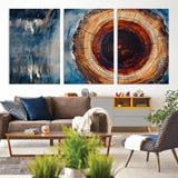 48045-MGV-CV-36X24-Tree Ring Abstract Wall Art – Rustic Wood Grain Canvas Print with Brown Center and Blue Brush Strokes, Nature Inspired Artwork for