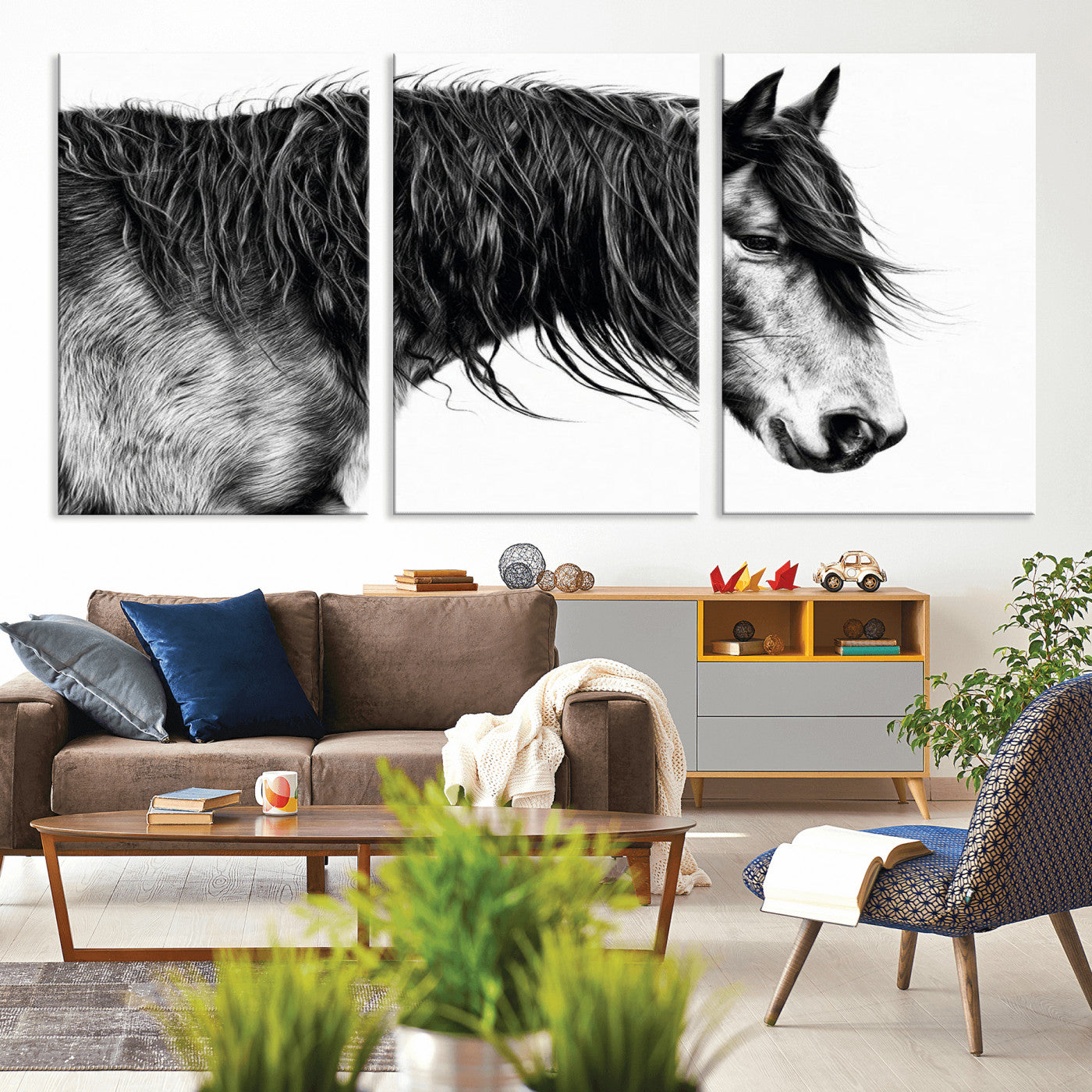 57694-MGV-CV-36X24-Horse Portrait Wall Art – Black and White Canvas Print with Detailed Stallion Profile, Rustic Farmhouse Equestrian Artwork for
