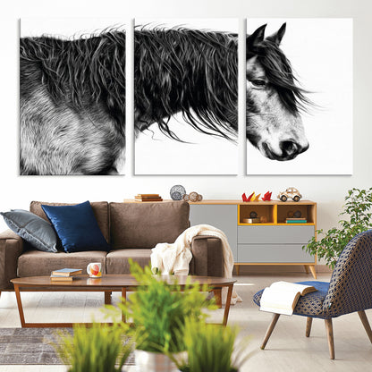 57694-MGV-CV-36X24-Horse Portrait Wall Art – Black and White Canvas Print with Detailed Stallion Profile, Rustic Farmhouse Equestrian Artwork for