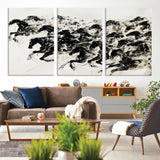 23069-MGV-CV-36X24-Galloping Horses Wall Art – Black Ink Painting on Canvas, Dynamic Equestrian Artwork with Running Stallions, Expressive Modern