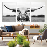 20272-MGV-CV-36X24-Highland Cow Wall Art – Black and White Western Longhorn Canvas Print, Farmhouse Living Room Decor Southwestern Animal Artwork for