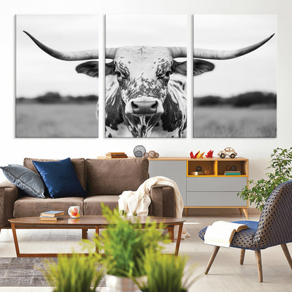 20272-MGV-CV-36X24-Highland Cow Wall Art – Black and White Western Longhorn Canvas Print, Farmhouse Living Room Decor Southwestern Animal Artwork for