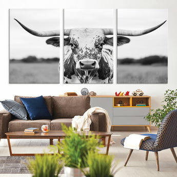 20272-MGV-CV-36X24-Texas Longhorn Wall Art – Black and White Cowboy Western Canvas Print, Rustic Farmhouse Cattle Photography Decor for Ranch, Barn