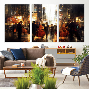 58782-MGV-CV-36X24-Jazz Musicians Cityscape Wall Art – Vibrant Urban Night Canvas Print, Elegant Music Themed Decor for Living Room, Office, or Music