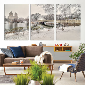 60292-MGV-CV-36X24-Central Park Winter Wall Art – Snowy Bow Bridge Canvas Print, Scenic New York City Landscape Photography for Living Room, Bedroom