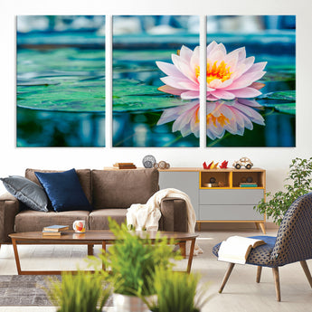 65933-MGV-CV-36X24-Pink Water Lily Wall Art – Lotus Flower Canvas Print with Reflection on Calm Water, Peaceful Botanical Artwork for Living Room,