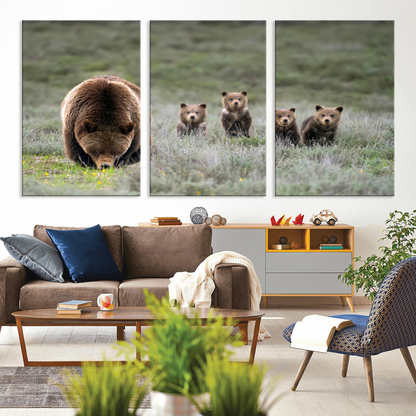65087B-MGV-CV-36X24-Bear Family Wall Art – Wildlife Canvas Print Featuring Mother Bear with Cubs in Nature, Rustic Animal Artwork for Living Room,