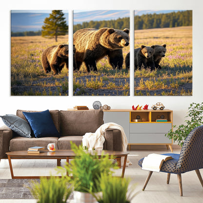 43400-MGV-CV-36X24-Bear Family Wall Art – Wildlife Canvas Print of Mother Bear with Cubs in Sunlit Meadow, Rustic Animal Artwork for Living Room,