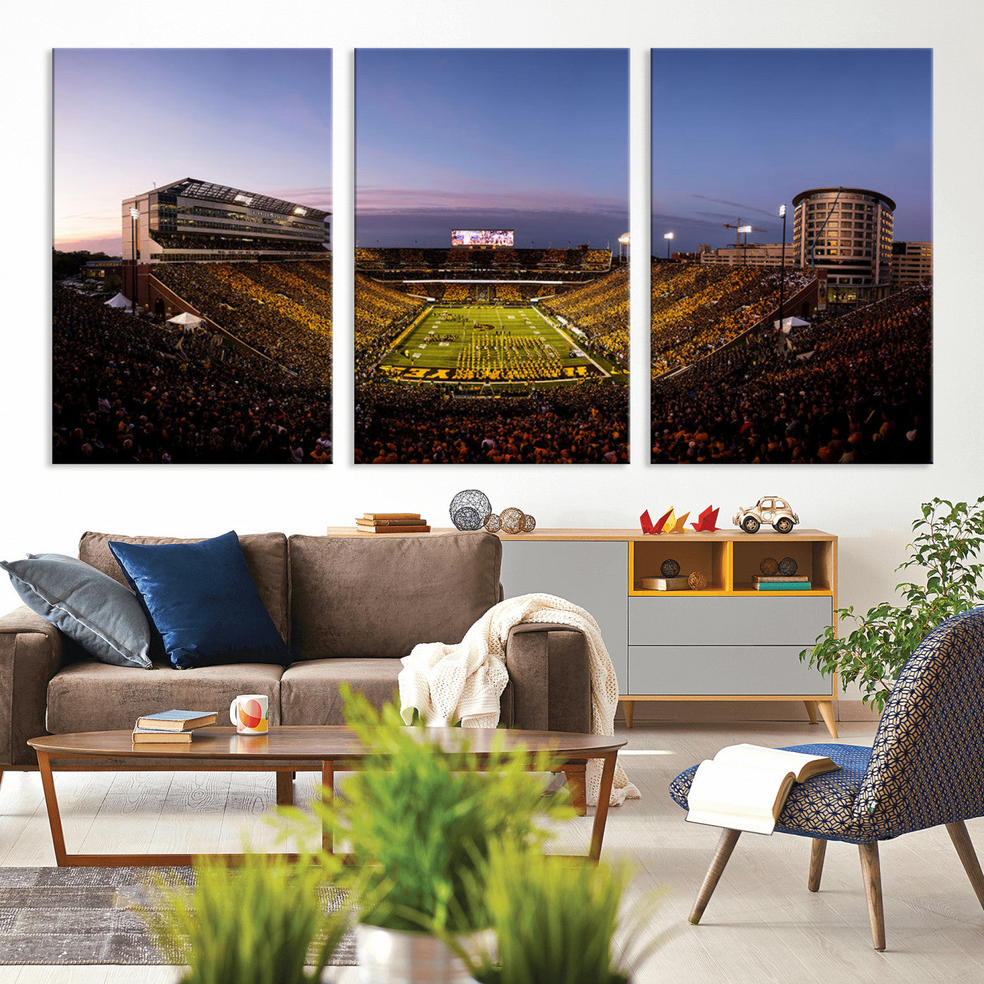 82557-MGV-CV-36X24-College Football Stadium Wall Art – Panoramic Sunset Canvas Print with Marching Band and Game Day Crowd, Sports Artwork for Man
