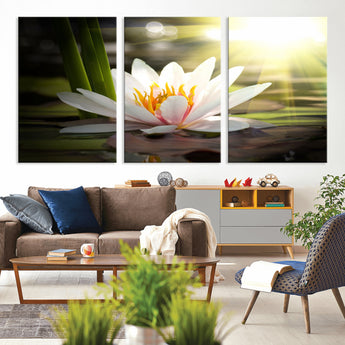 60352-MGV-CV-36X24-White Water Lily Wall Art – Lotus Flower Canvas Print with Sunlight Reflection, Peaceful Botanical Artwork for Living Room,